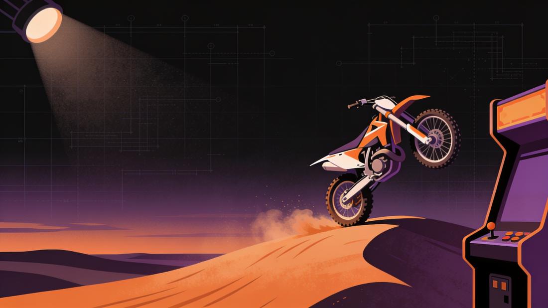 A dirt bike holds a controlled wheelie on a ridge at dusk.