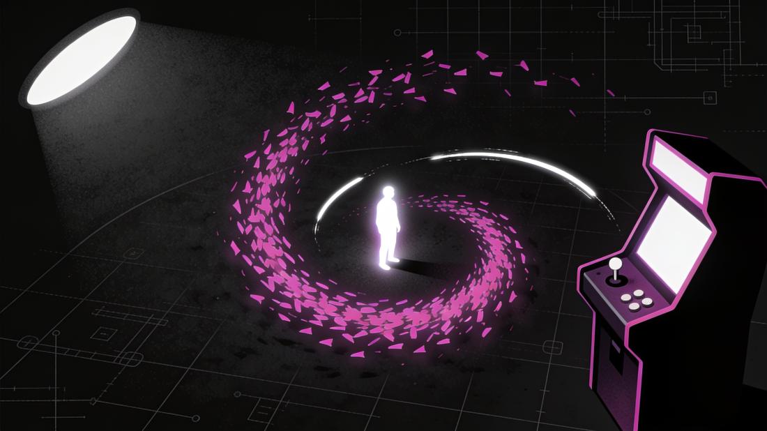A lone glowing figure surrounded by a spiraling swarm in a dark arena.