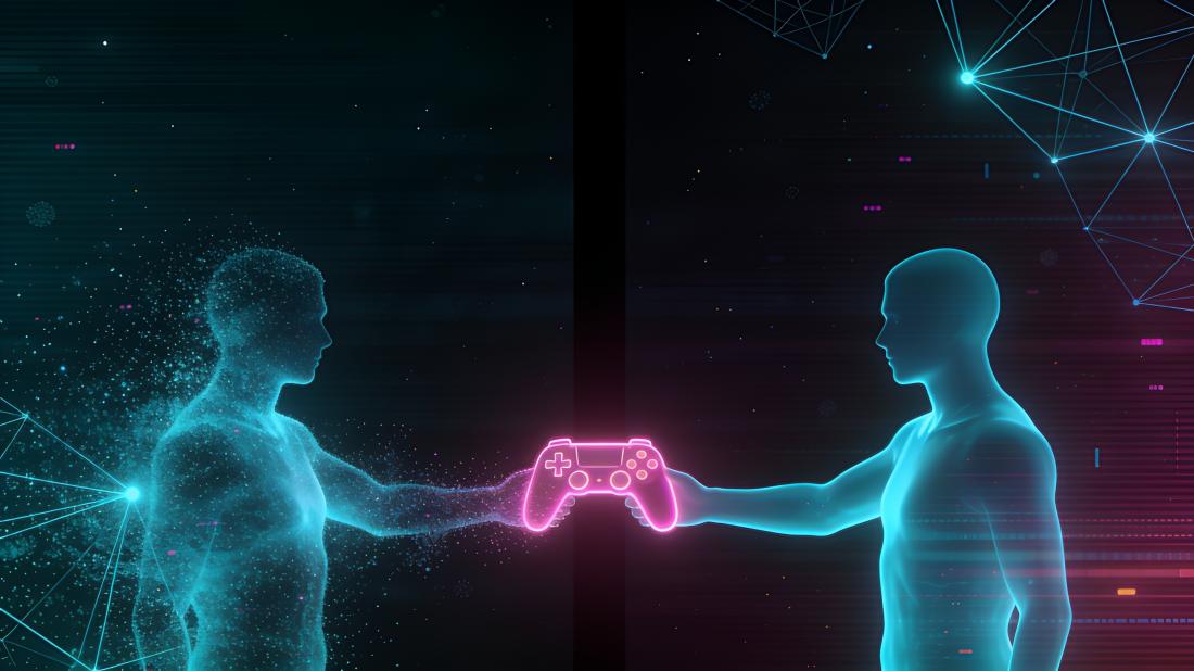 A dissolving figure hands a glowing controller to its solid twin across a gap.