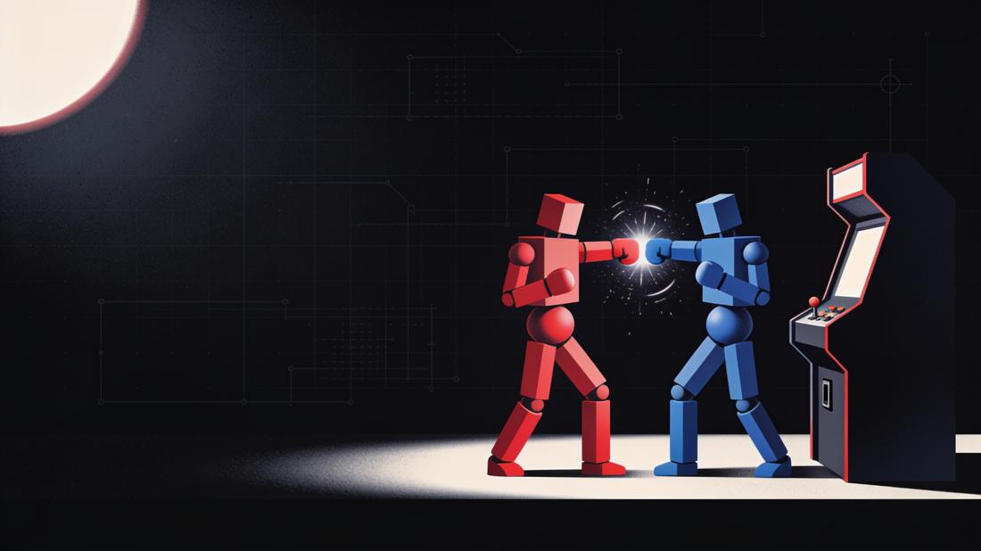 Two geometric fighters frozen at the instant of impact.
