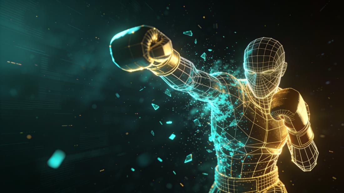 A wireframe fighter half-dissolved into fragments, mid-uppercut.
