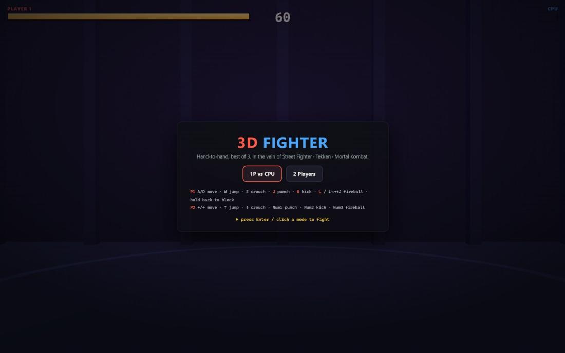 Cabinet running 3D Fighter full-screen on the desktop — the WebGL arena and title card rendered in a native window.