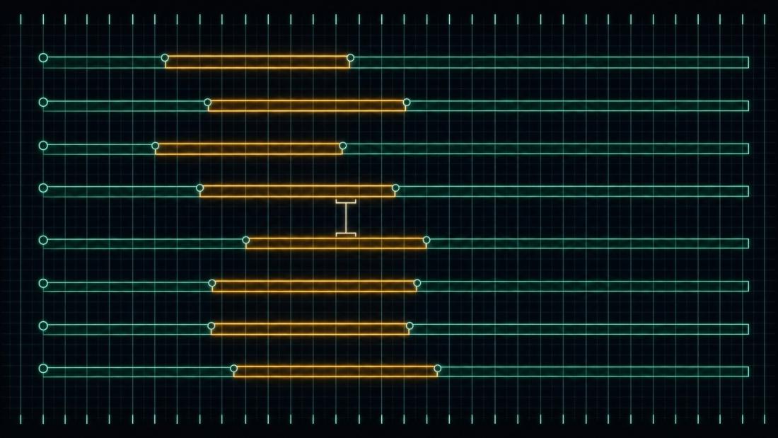 Frame-data timing chart: stacked lanes divided into startup, active and recovery segments against a per-frame tick ruler, with two lanes overlapping on their active frames.