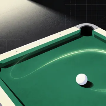 A cue ball leaves an endless glowing trail across a dark pool table.