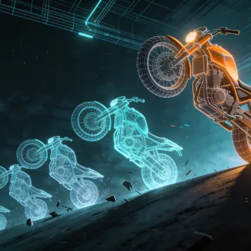 Five ghostly crashed wireframe bikes behind one solid bike balancing a wheelie.