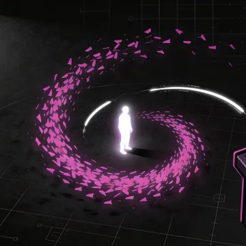 A lone glowing figure surrounded by a spiraling swarm in a dark arena.