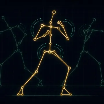 Schematic of a humanoid fighter rig: bones as segments, joints as circles, with ghosted stance frames and rotation arcs at the shoulder and hip.