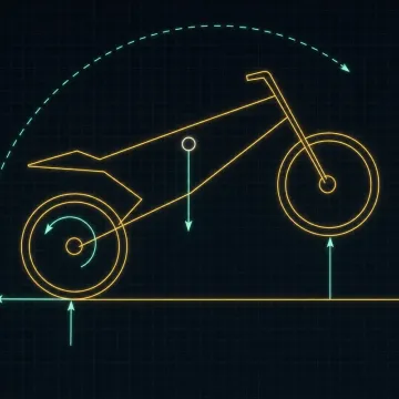 Free-body diagram of a motorcycle mid-wheelie: weight, normal and traction vectors, a torque arc at the rear hub, and the rotation traced about the rear contact patch.