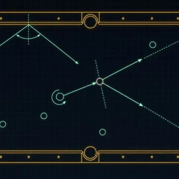 Overhead pool table diagram: a cue ball striking an object ball, the collision normal through both centres, the resulting velocity vectors, spin, and a rail reflection.